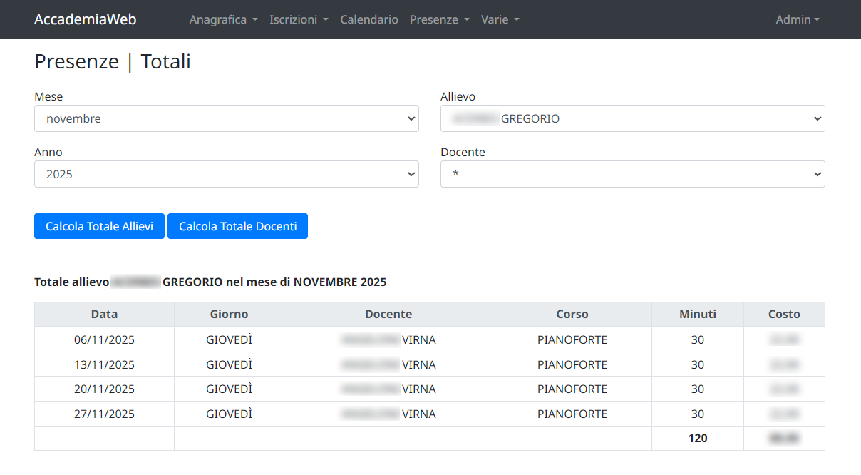 Calcolo costi allievo scuola di musica e compenso maestri